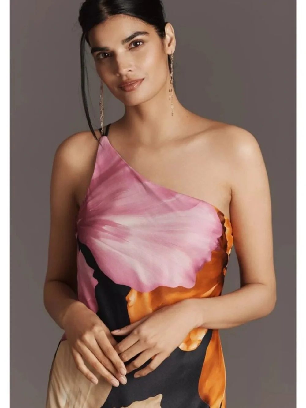 New Anthropologie One-Shoulder Asymmetric Floral Navy Maxi Dress, Sz. 12 - Picture 3 of 6